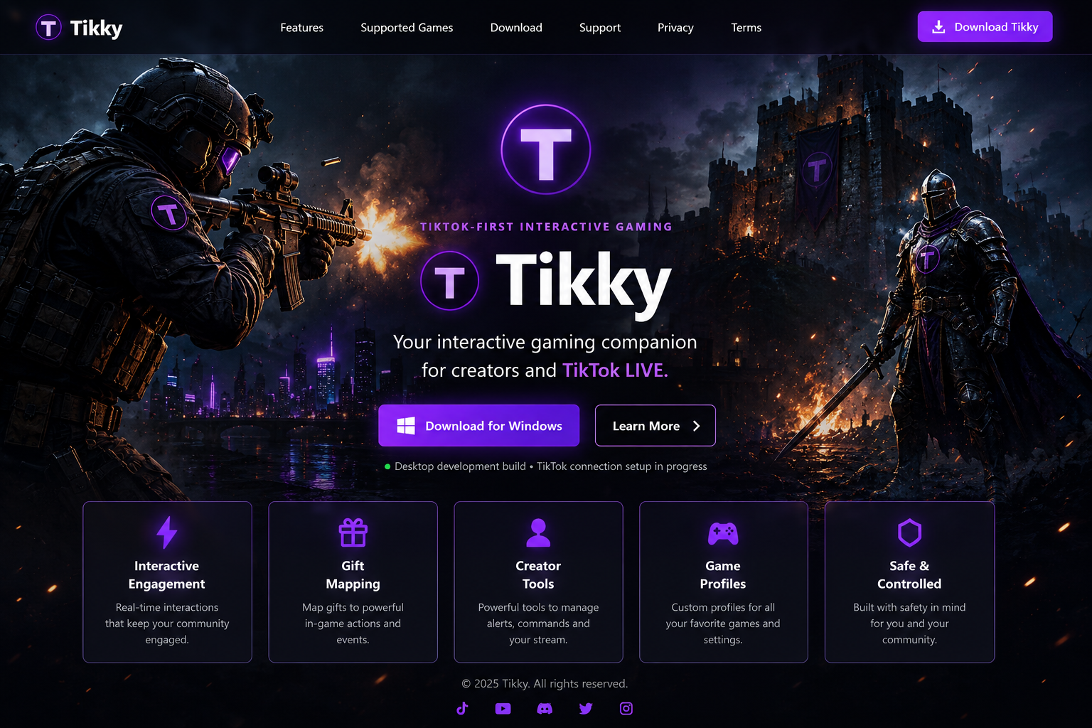 Tikky gaming homepage with a tactical operator, medieval knight, purple branding and creator tools